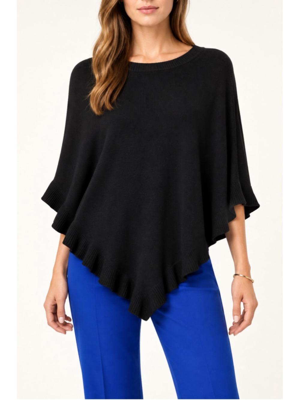Karen Scott Asymmetrical Ruffle Poncho Sweater Black S/M 100% Acrylic